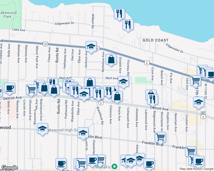 map of restaurants, bars, coffee shops, grocery stores, and more near 13316 Hazelwood Avenue in Lakewood