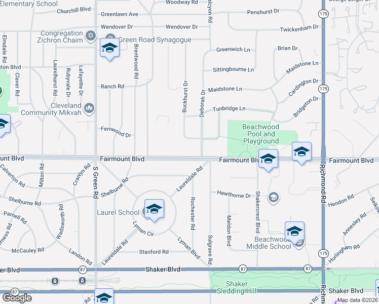 map of restaurants, bars, coffee shops, grocery stores, and more near 24160 Buckhurst Drive in Beachwood