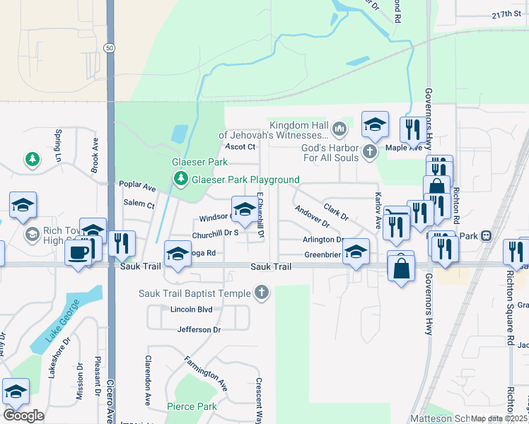 map of restaurants, bars, coffee shops, grocery stores, and more near 22129 East Churchill Drive in Richton Park