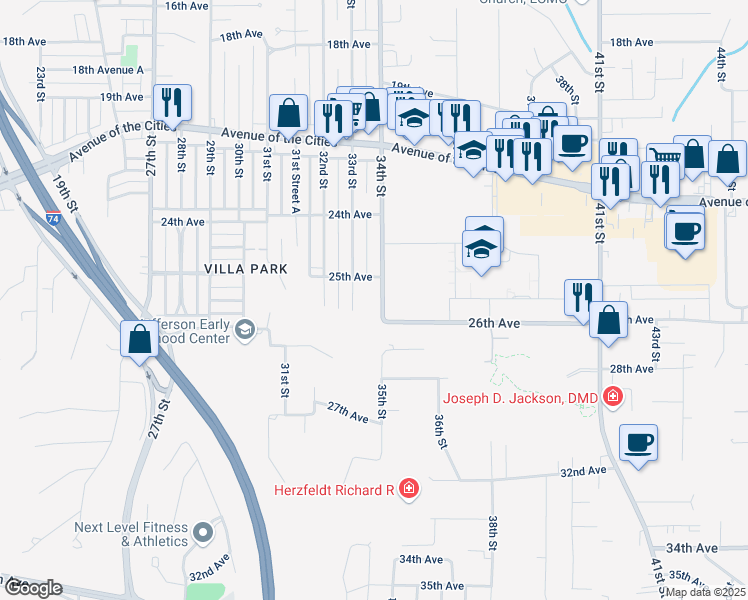 map of restaurants, bars, coffee shops, grocery stores, and more near 2500-2698 34th Ave Dr in Moline