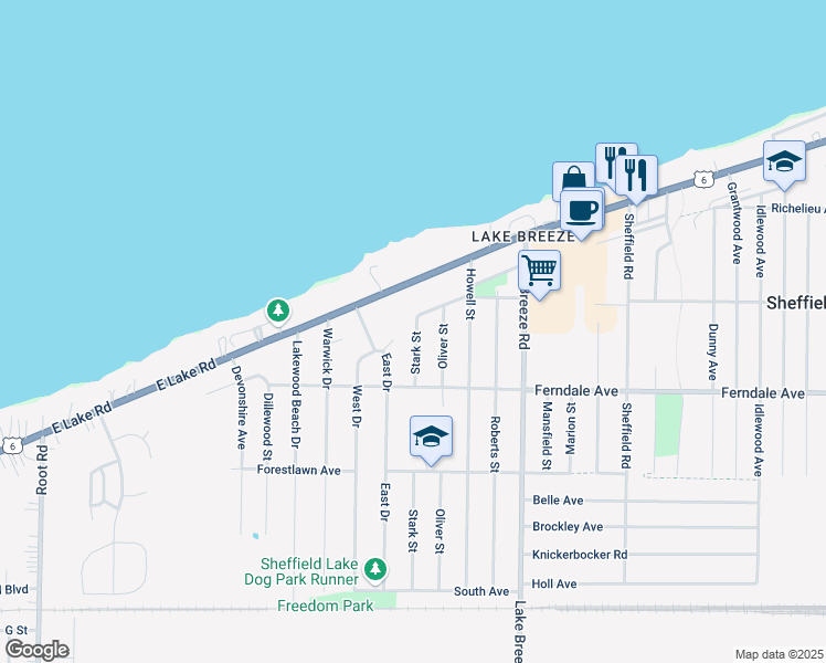 map of restaurants, bars, coffee shops, grocery stores, and more near 700 Stark Street in Sheffield Lake