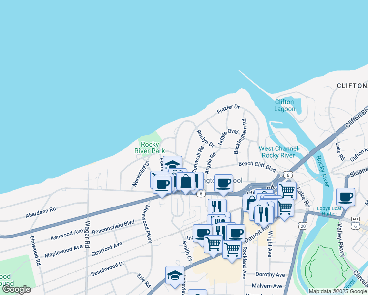map of restaurants, bars, coffee shops, grocery stores, and more near 20045 Frazier Drive in Rocky River