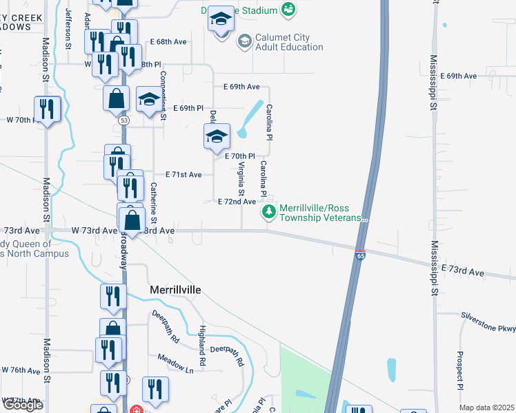 map of restaurants, bars, coffee shops, grocery stores, and more near 581 East 72nd Avenue in Merrillville