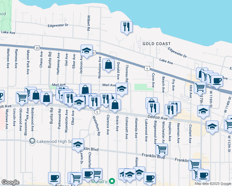 map of restaurants, bars, coffee shops, grocery stores, and more near 13202 Hazelwood Avenue in Lakewood