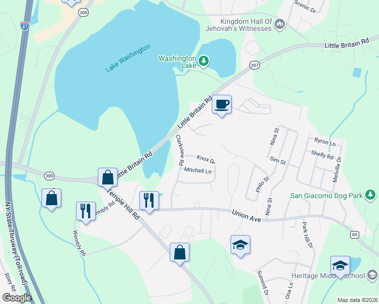 map of restaurants, bars, coffee shops, grocery stores, and more near 1 Knox Dr in New Windsor