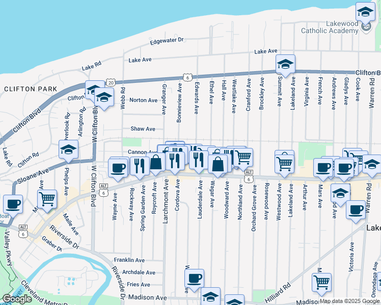 map of restaurants, bars, coffee shops, grocery stores, and more near 1342 Edwards Avenue in Lakewood