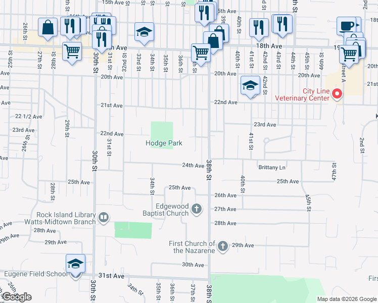 map of restaurants, bars, coffee shops, grocery stores, and more near 2320 37th Street in Rock Island