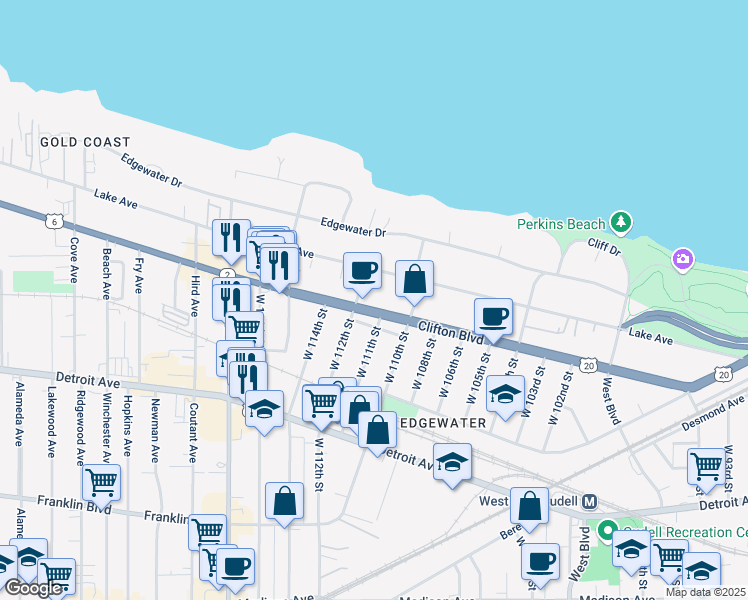 map of restaurants, bars, coffee shops, grocery stores, and more near 11034 Clifton Boulevard in Cleveland