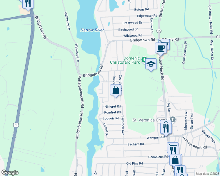 map of restaurants, bars, coffee shops, grocery stores, and more near 34 Lakeview Drive in Narragansett