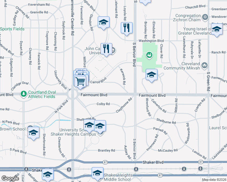 map of restaurants, bars, coffee shops, grocery stores, and more near 21099 Fairmount Boulevard in Cleveland
