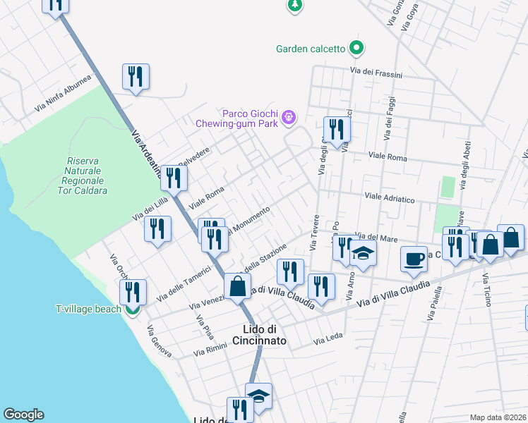 map of restaurants, bars, coffee shops, grocery stores, and more near 77 Via del Monumento in Anzio