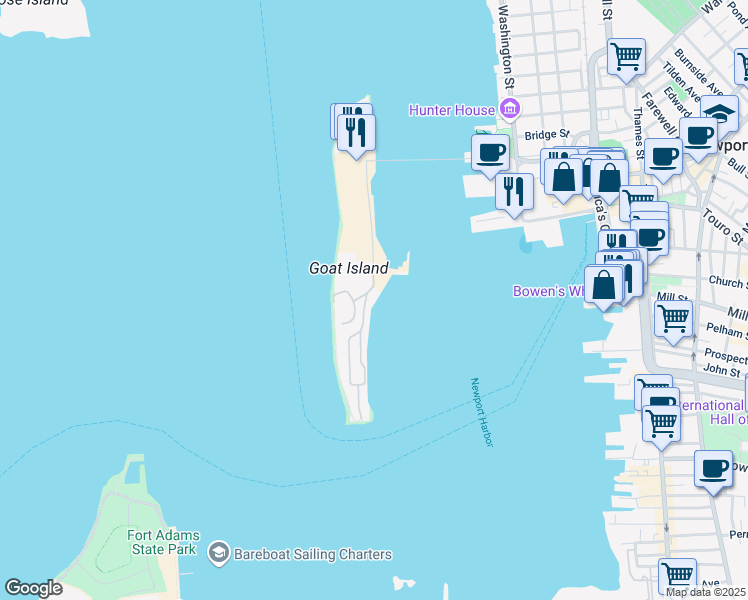 map of restaurants, bars, coffee shops, grocery stores, and more near 1 Defenders Row in Newport