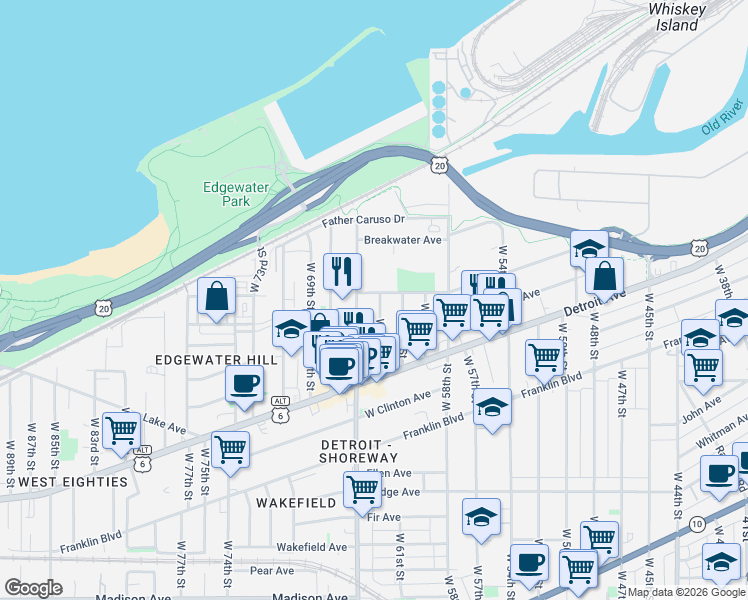 map of restaurants, bars, coffee shops, grocery stores, and more near 1301 West 64th Street in Cleveland