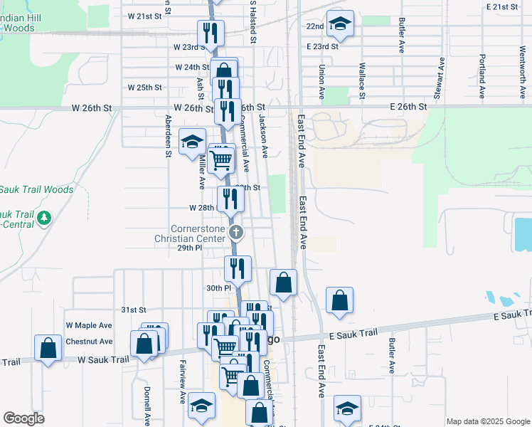 map of restaurants, bars, coffee shops, grocery stores, and more near 2830 Jackson Avenue in South Chicago Heights