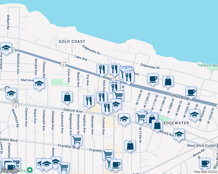 map of restaurants, bars, coffee shops, grocery stores, and more near 1262 West 117th Street in Lakewood