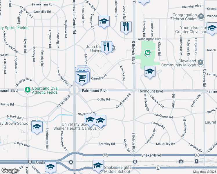 map of restaurants, bars, coffee shops, grocery stores, and more near 21099 Fairmount Boulevard in Cleveland