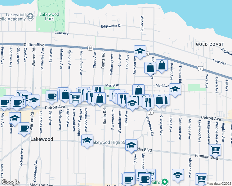 map of restaurants, bars, coffee shops, grocery stores, and more near 1346 Giel Avenue in Lakewood