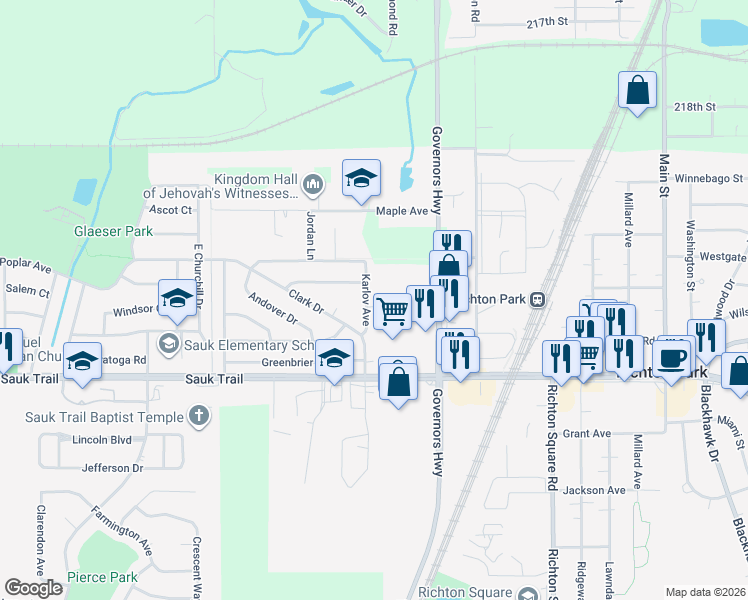 map of restaurants, bars, coffee shops, grocery stores, and more near 22127 Karlov Avenue in Richton Park