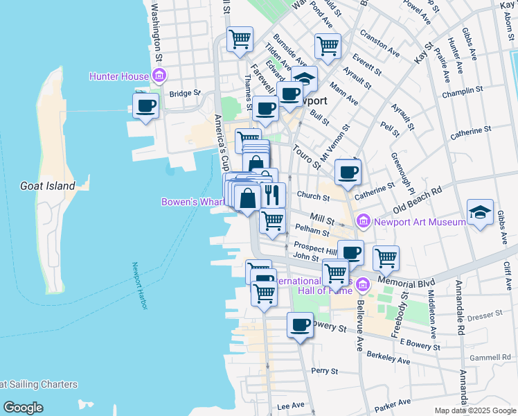 map of restaurants, bars, coffee shops, grocery stores, and more near 14 Mill Street in Newport