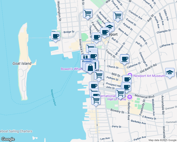 map of restaurants, bars, coffee shops, grocery stores, and more near 25 Bowens Wharf in Newport