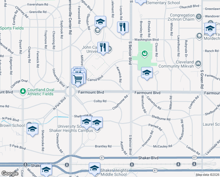 map of restaurants, bars, coffee shops, grocery stores, and more near 21099 Fairmount Boulevard in Cleveland