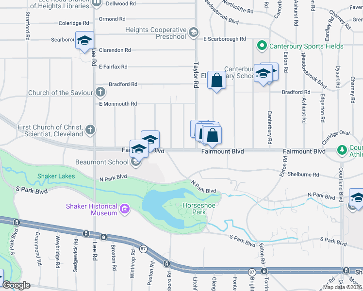 map of restaurants, bars, coffee shops, grocery stores, and more near 2661 Idlewood Road in Cleveland Heights