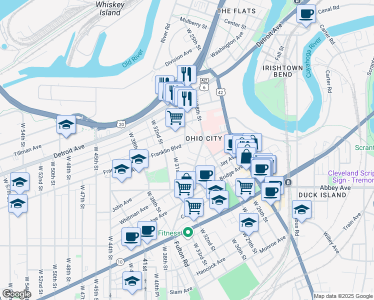 map of restaurants, bars, coffee shops, grocery stores, and more near 2831 Franklin Boulevard in Cleveland