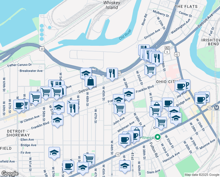 map of restaurants, bars, coffee shops, grocery stores, and more near 4417 Detroit Avenue in Cleveland
