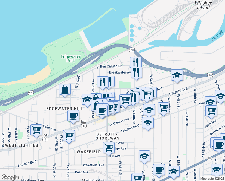 map of restaurants, bars, coffee shops, grocery stores, and more near 1301 West 64th Street in Cleveland