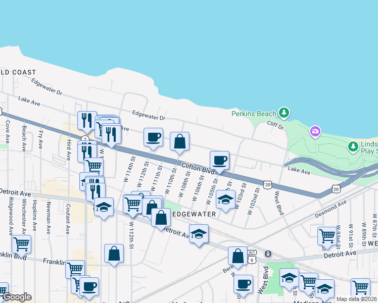 map of restaurants, bars, coffee shops, grocery stores, and more near in Cleveland
