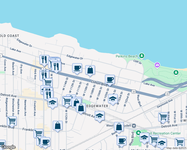 map of restaurants, bars, coffee shops, grocery stores, and more near in Cleveland