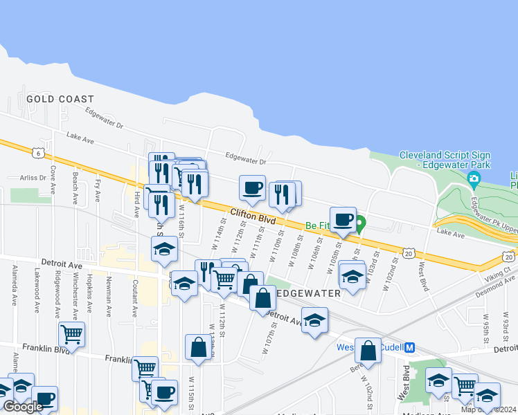 map of restaurants, bars, coffee shops, grocery stores, and more near 11034 Clifton Boulevard in Cleveland