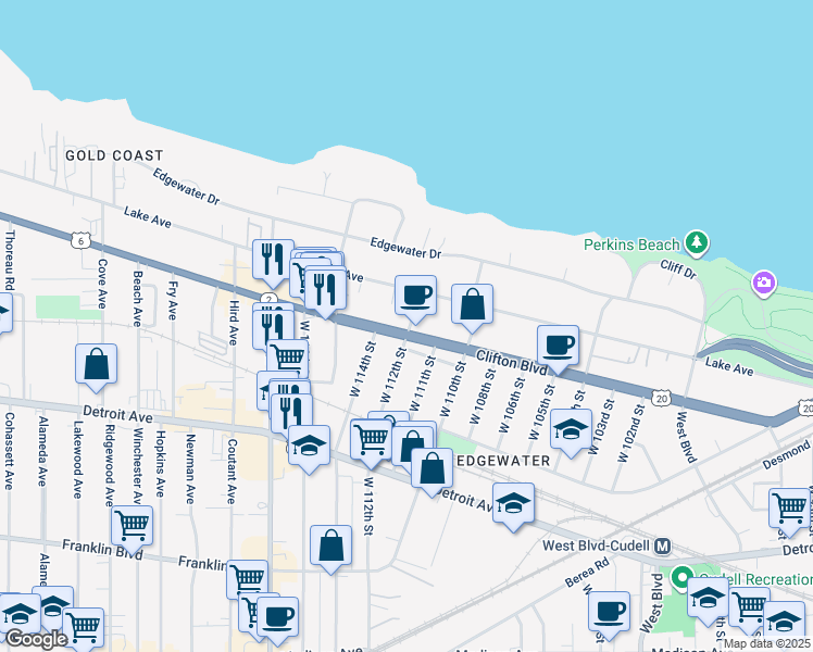 map of restaurants, bars, coffee shops, grocery stores, and more near 11206 Clifton Boulevard in Cleveland