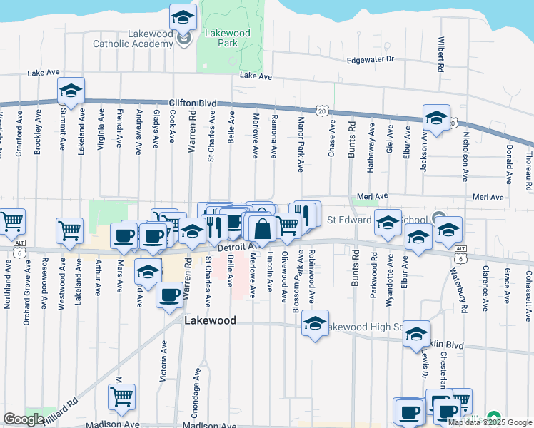map of restaurants, bars, coffee shops, grocery stores, and more near 1345 Marlowe Avenue in Lakewood