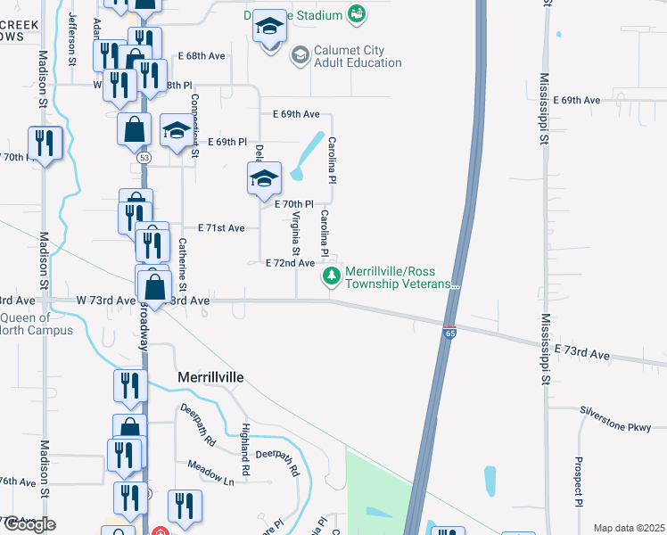 map of restaurants, bars, coffee shops, grocery stores, and more near 581-713 East 72nd Place in Merrillville