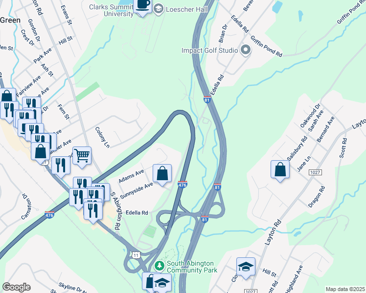 map of restaurants, bars, coffee shops, grocery stores, and more near 339 Edella Road in Lackawanna County
