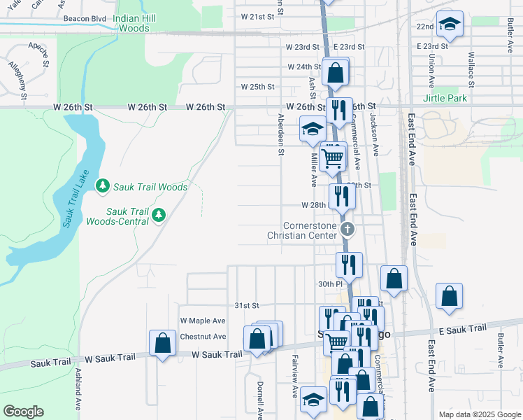 map of restaurants, bars, coffee shops, grocery stores, and more near 200 West 28th Place in South Chicago Heights