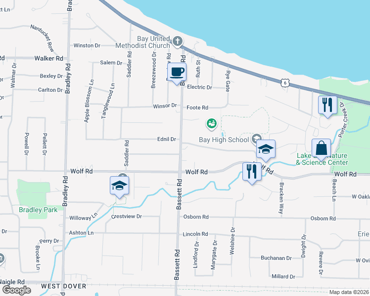 map of restaurants, bars, coffee shops, grocery stores, and more near 427 Bassett Road in Bay Village