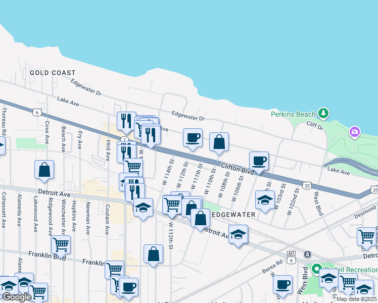 map of restaurants, bars, coffee shops, grocery stores, and more near 11206 Clifton Boulevard in Cleveland