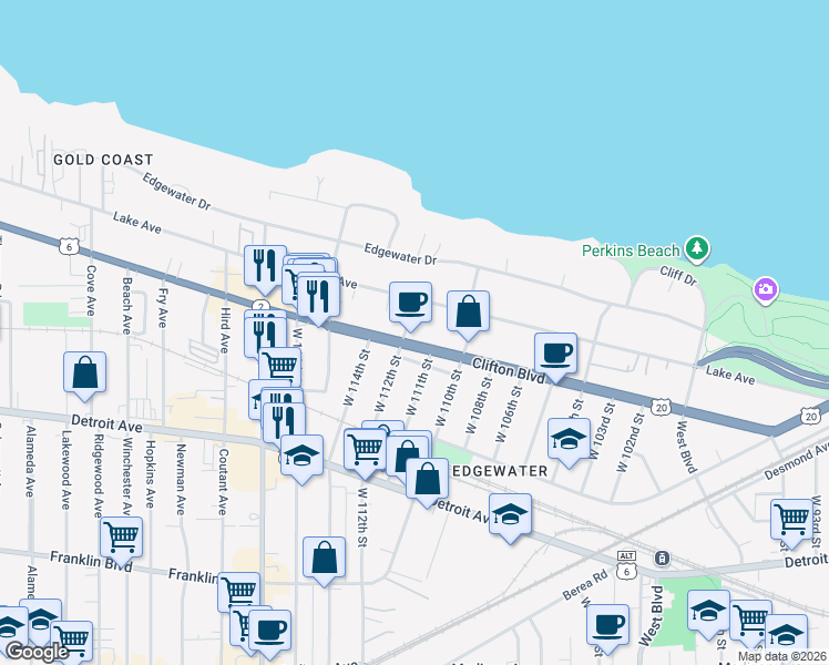 map of restaurants, bars, coffee shops, grocery stores, and more near 11118 Clifton Boulevard in Cleveland