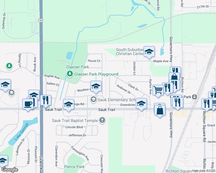 map of restaurants, bars, coffee shops, grocery stores, and more near 22129 East Churchill Drive in Richton Park