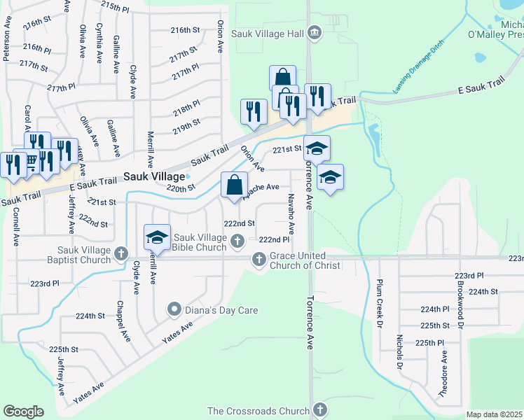 map of restaurants, bars, coffee shops, grocery stores, and more near 2450 Talandis Drive in Sauk Village