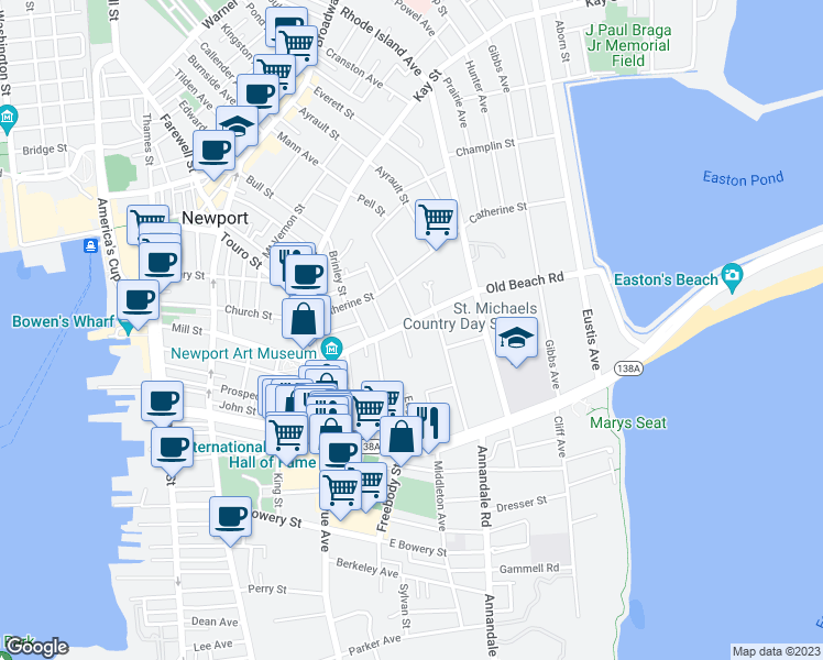 map of restaurants, bars, coffee shops, grocery stores, and more near 30 Old Beach Road in Newport