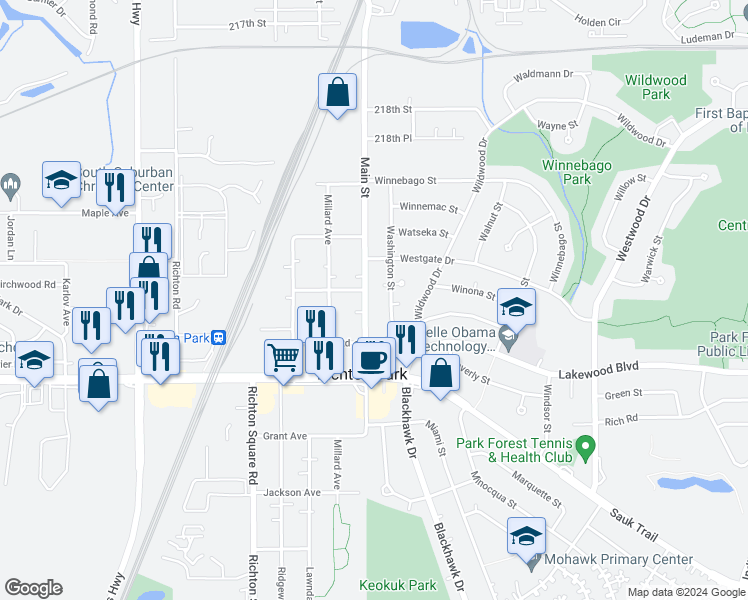 map of restaurants, bars, coffee shops, grocery stores, and more near 22101 Central Park Avenue in Park Forest