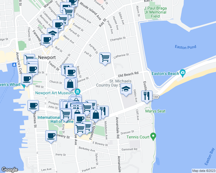 map of restaurants, bars, coffee shops, grocery stores, and more near 6 Red Cross Avenue in Newport