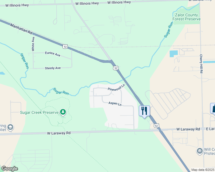 map of restaurants, bars, coffee shops, grocery stores, and more near 1737 Pinewood Lane in Joliet