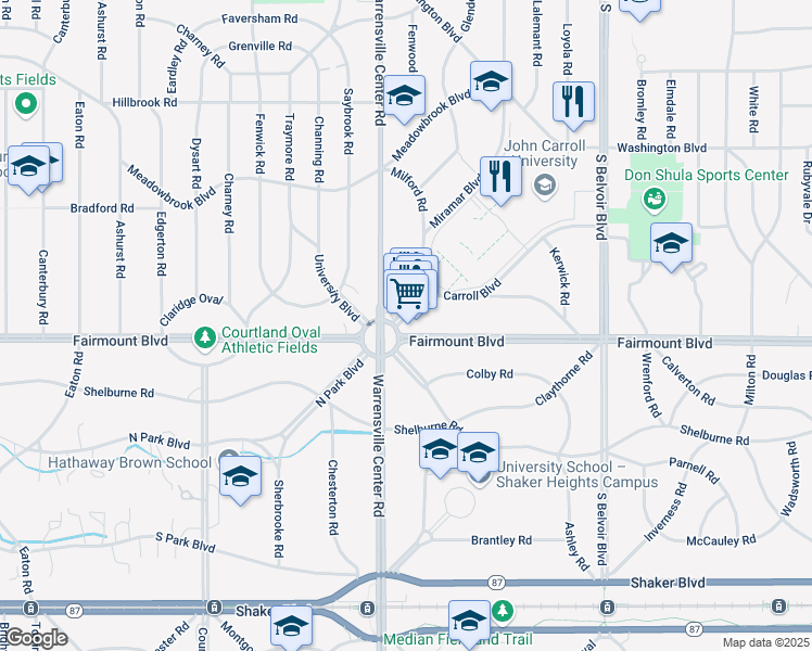 map of restaurants, bars, coffee shops, grocery stores, and more near 20609 Fairmount Boulevard in Shaker Heights