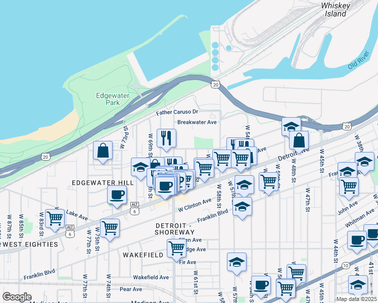 map of restaurants, bars, coffee shops, grocery stores, and more near 1301 West 64th Street in Cleveland
