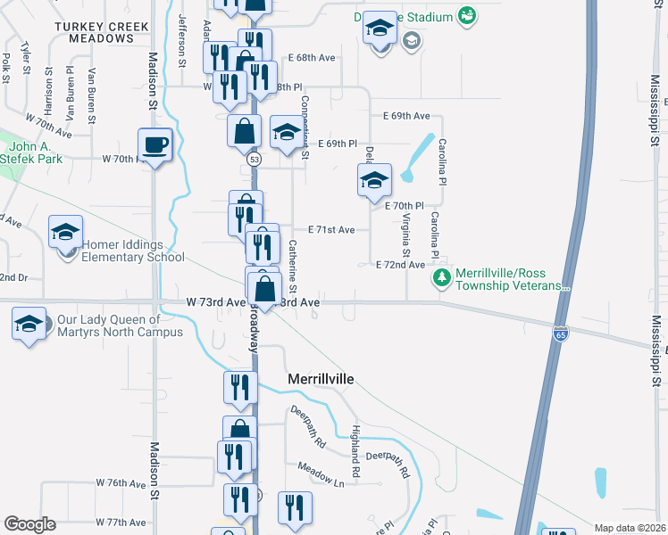 map of restaurants, bars, coffee shops, grocery stores, and more near 124 East 73rd Avenue in Merrillville