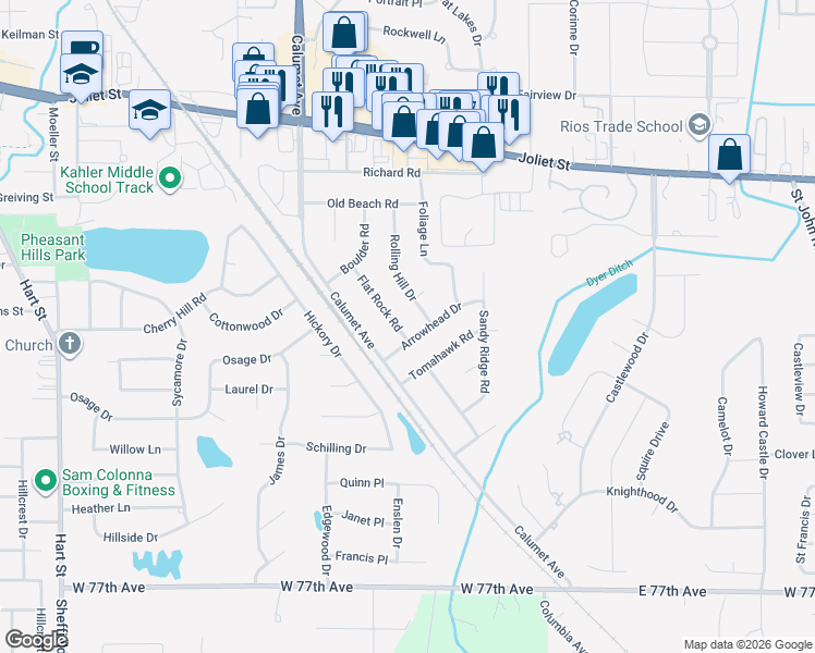 map of restaurants, bars, coffee shops, grocery stores, and more near 2446 Flat Rock Road in Dyer